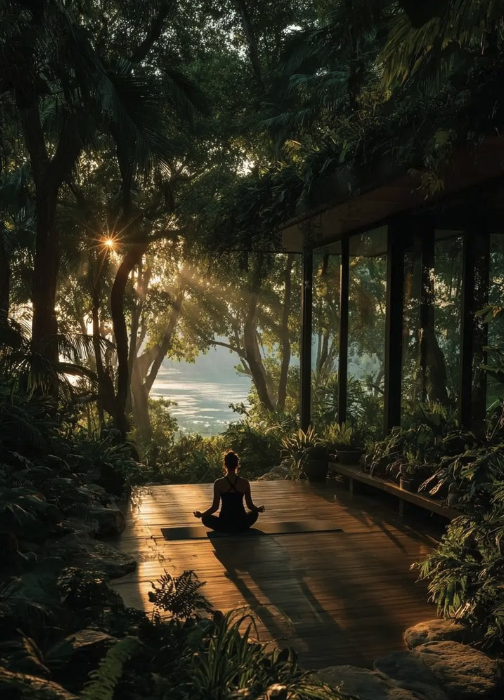 Person meditating at sunrise in a serene jungle-canopied retreat
